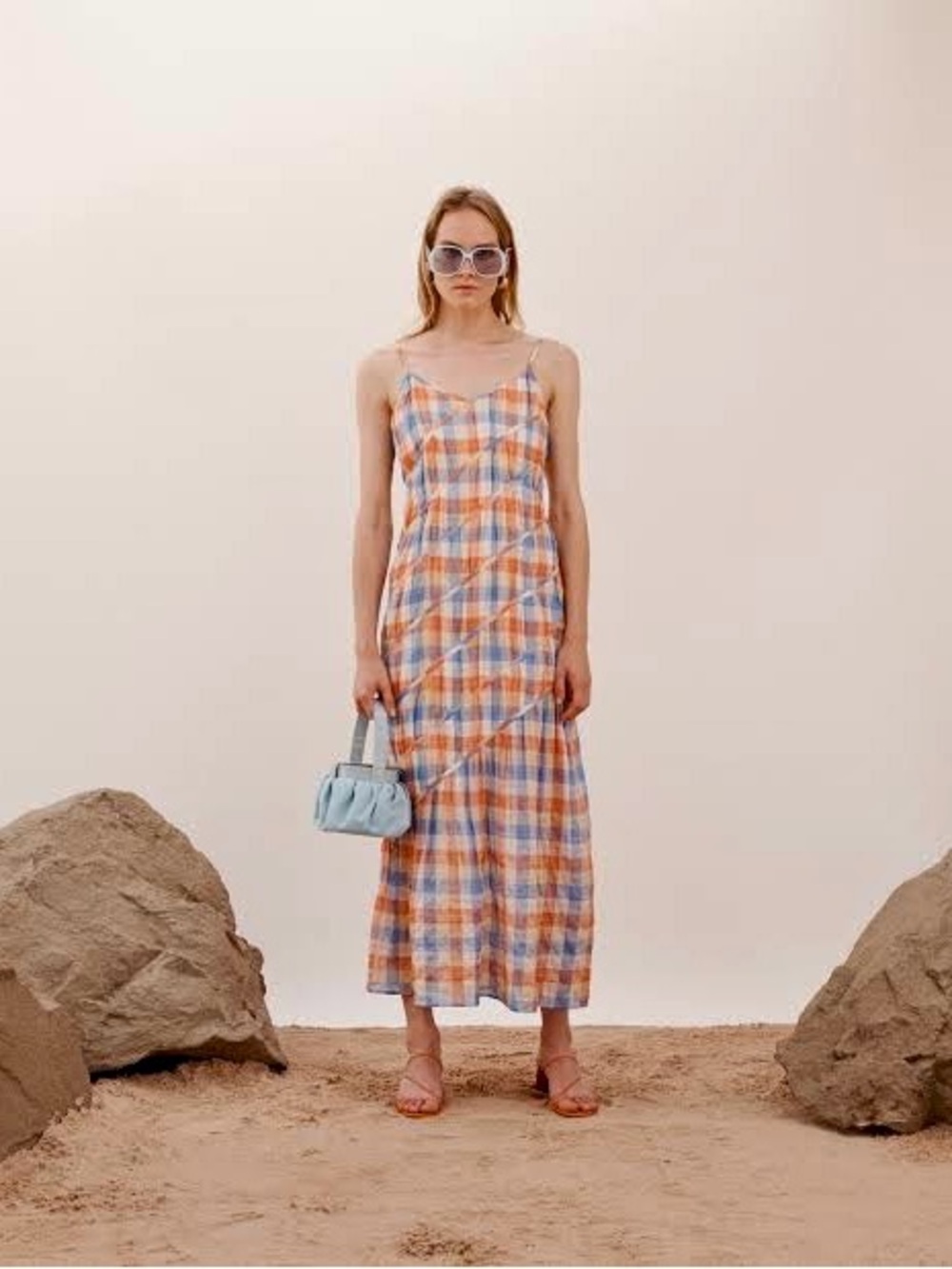 REJINA PYO Dress / Spaghetti-Strap Plaid Maxi Dress in Blue & Orange